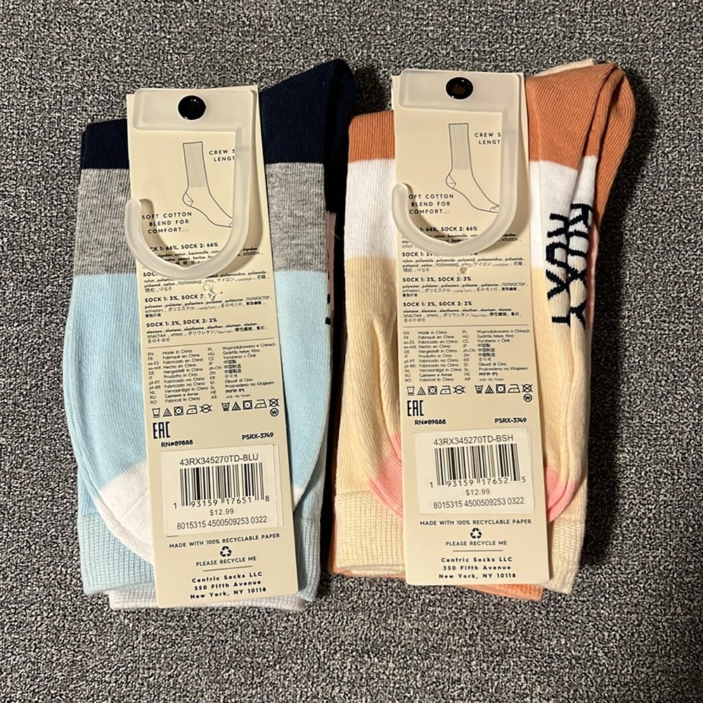 🆕 4pairs Roxy Crew Socks (2-2packs)- White/Coral and White/Blue. Size US 5-10 - Picture 2 of 6